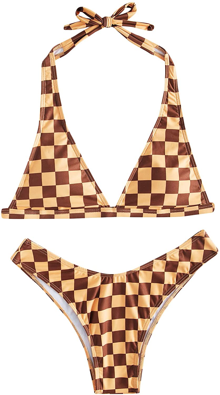 SOLY HUX Women's Halter Triangle Tie Side Bikini 2 Piece Swimsuits Apparel & Accessories > Clothing > Swimwear SOLY HUX Multi Plaid Small 