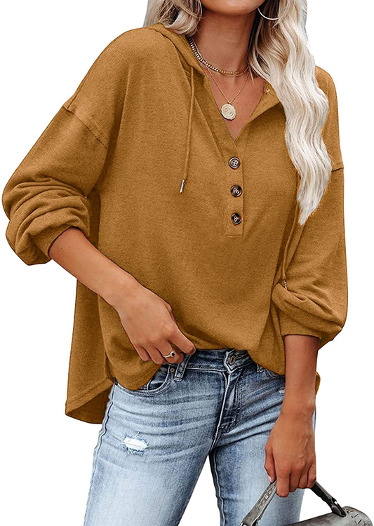 REVETRO Womens V Neck Long Sleeve Henley Shirts Button down Sweatshirts Hoodies Tunic Tops with Drawstring Apparel & Accessories > Clothing > Activewear Kylie Max   