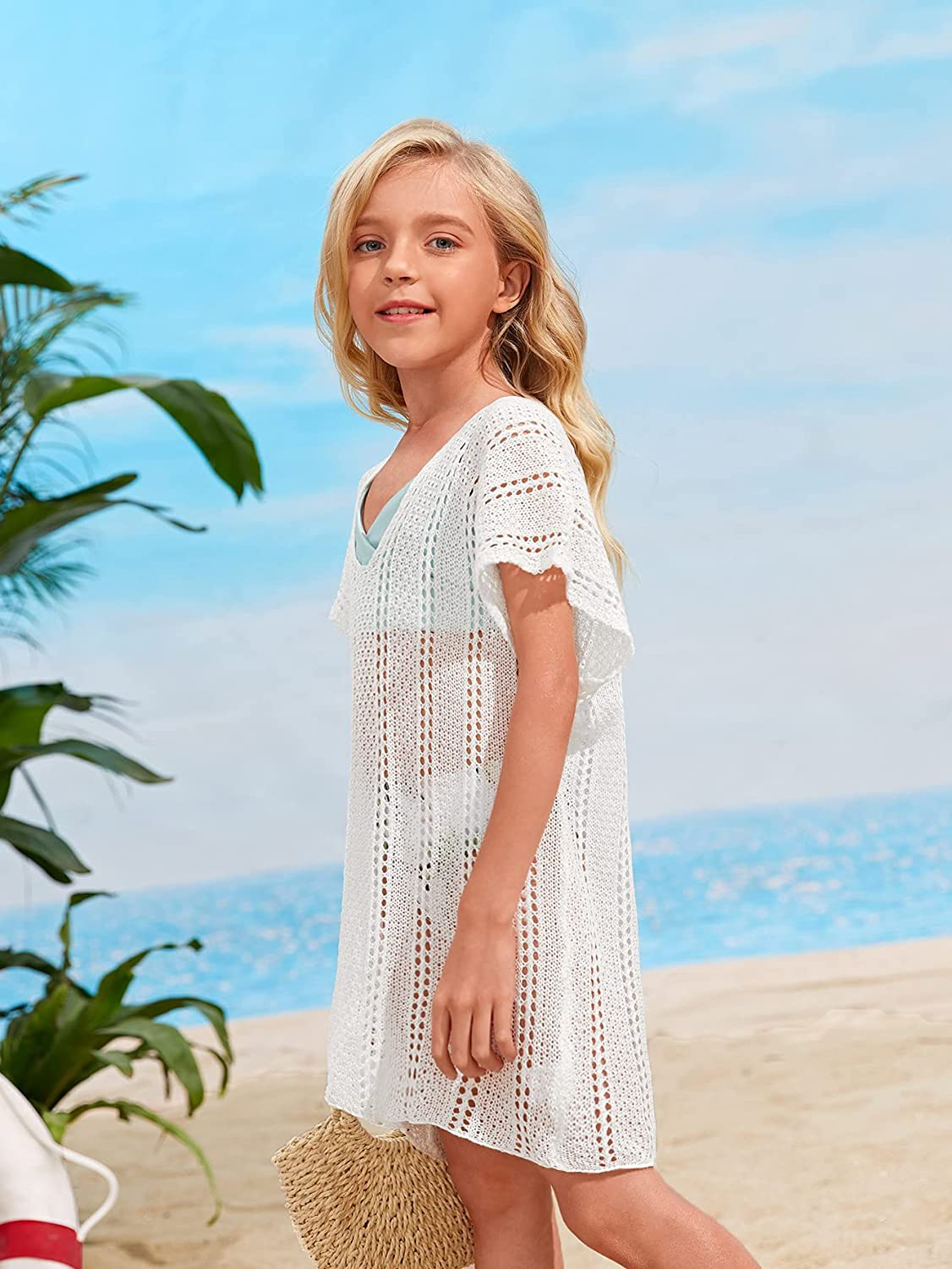 SOLY HUX Girl'S Spaghetti Strap Split Hem Crochet Beach Swimsuit Bikini Cover Up Apparel & Accessories > Clothing > Swimwear Kylie Max   