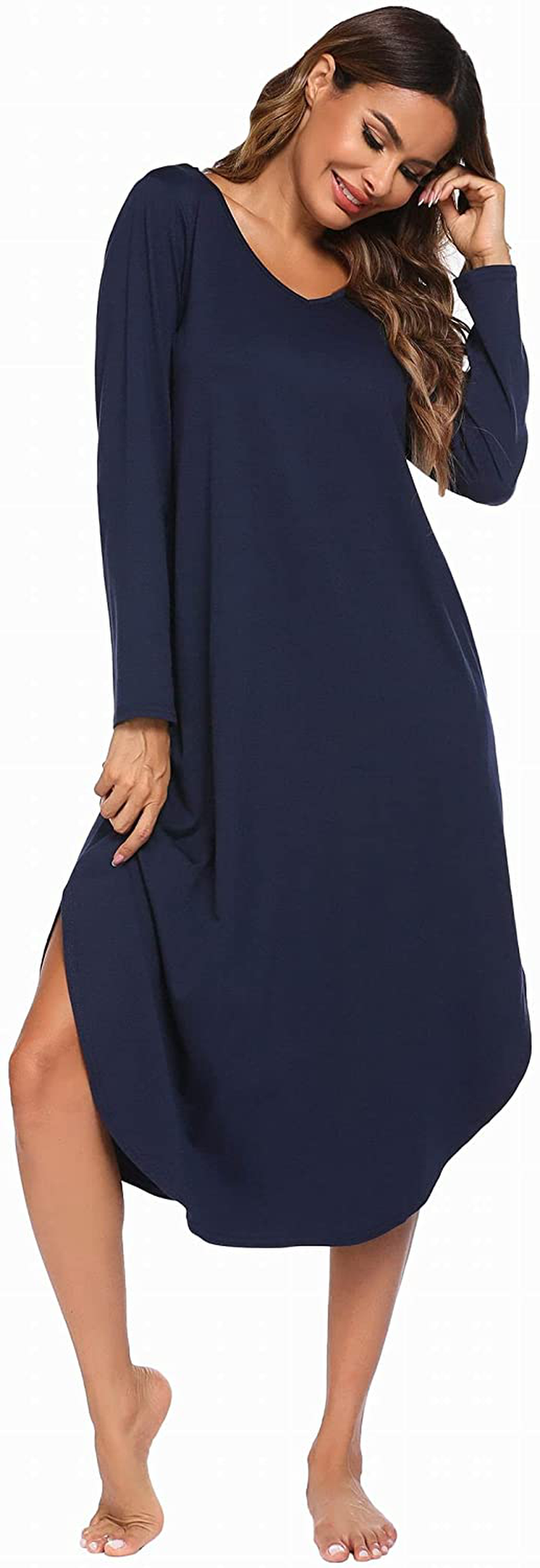 Ekouaer Nightgowns Womens V Neck Nightshirts Long Sleeve Sleepwear plus Size Night Wear S-XXL Apparel & Accessories > Clothing > Sleepwear & Loungewear > Nightgowns Kylie Max   