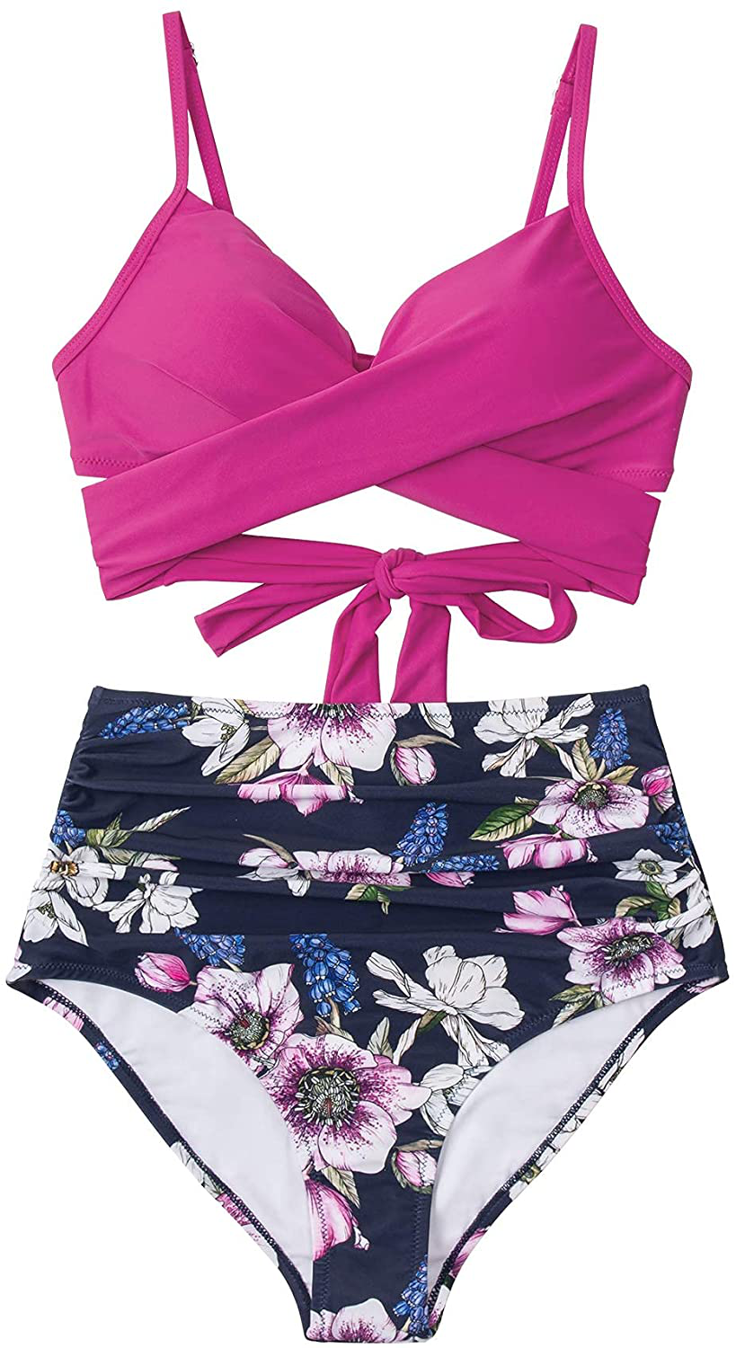 CUPSHE Women's High Waist Bikini Swimsuit Floral Print Tie Two Piece Bathing Suit Apparel & Accessories > Clothing > Swimwear CUPSHE   