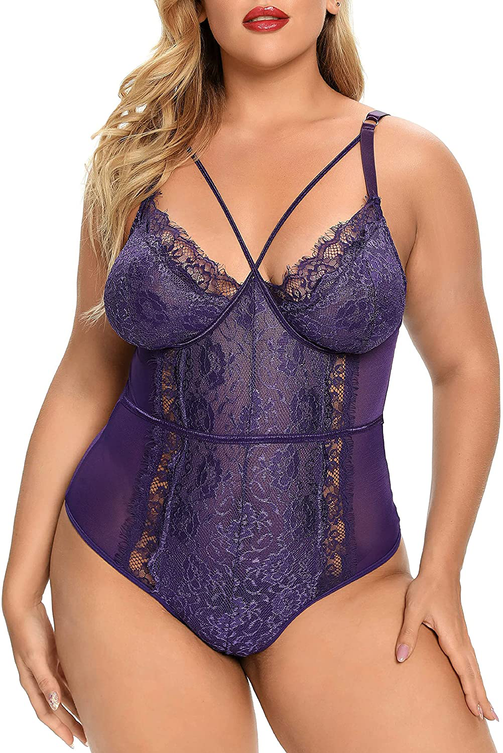 Plus Size Lingerie for Women Sexy Eyelash Lace Bodysuit Naughty Mesh One Piece Teddy Outfits Apparel & Accessories > Clothing > Underwear & Socks > Lingerie KYLIE MAX   