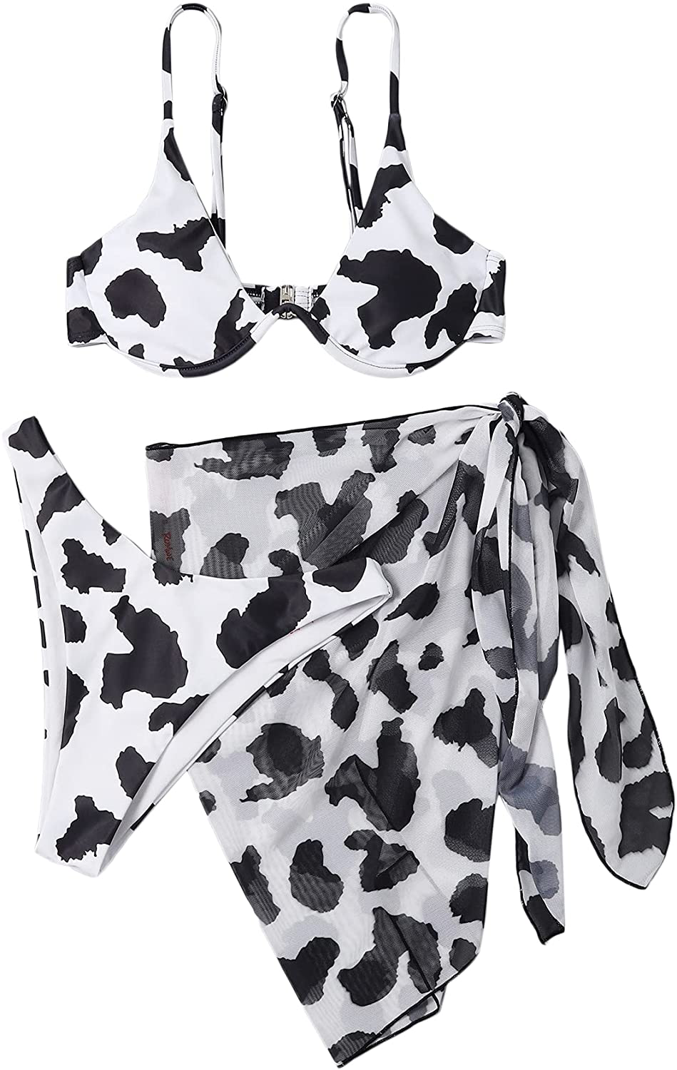SOLY HUX Women's Wrap Triangle Bikini Bathing Suits with Mesh Beach Skirt 3 Piece Swimsuits Apparel & Accessories > Clothing > Swimwear KYLIE MAX Cow Print Black and White Small 