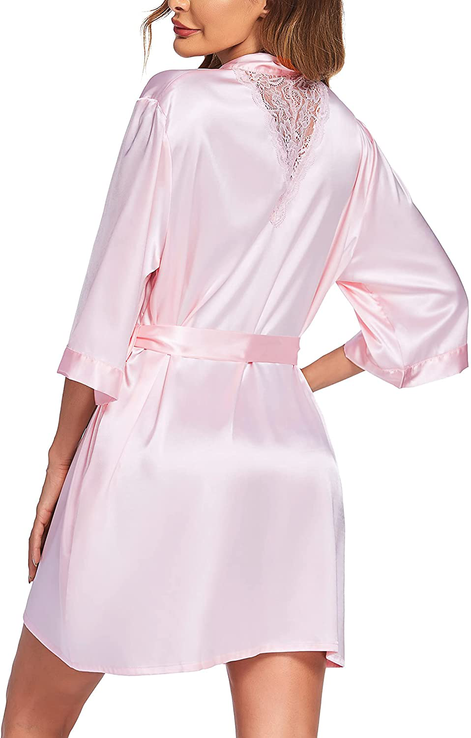 Ekouaer Women Satin Kimono Robes Sexy Silky Bathrobe Lace V-Neck Bridesmaid Bride Party Robe Soft Sleepwear with Pocket Apparel & Accessories > Clothing > Sleepwear & Loungewear > Robes Ekouaer   