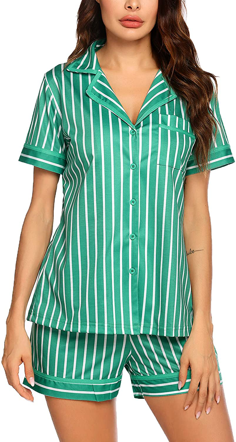 Ekouaer Pajamas Soft Striped Women's Short Sleeve Button Sleepwear Shorts Shirt PJ Set(S-XXL) Apparel & Accessories > Clothing > Sleepwear & Loungewear > Pajamas Ekouaer B-green Vertical Striped X-Large 