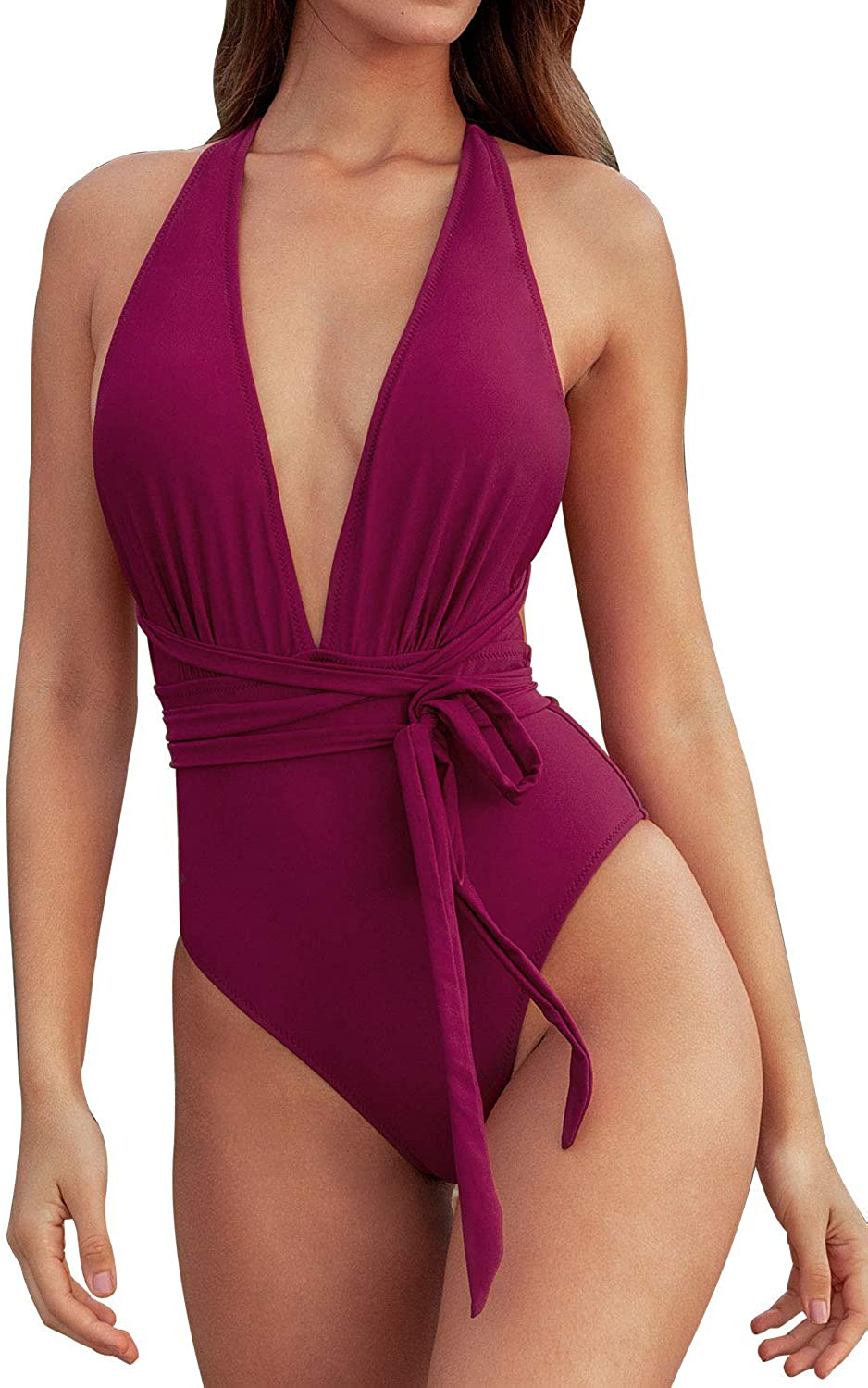 CUPSHE Women’S One Piece Swimsuit Sexy Deep V Neck Solid Red Bathing Suit Apparel & Accessories > Clothing > Swimwear Kylie Max   