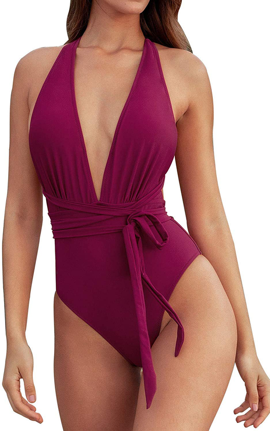 CUPSHE Women’S One Piece Swimsuit Sexy Deep V Neck Solid Red Bathing Suit Apparel & Accessories > Clothing > Swimwear Kylie Max   