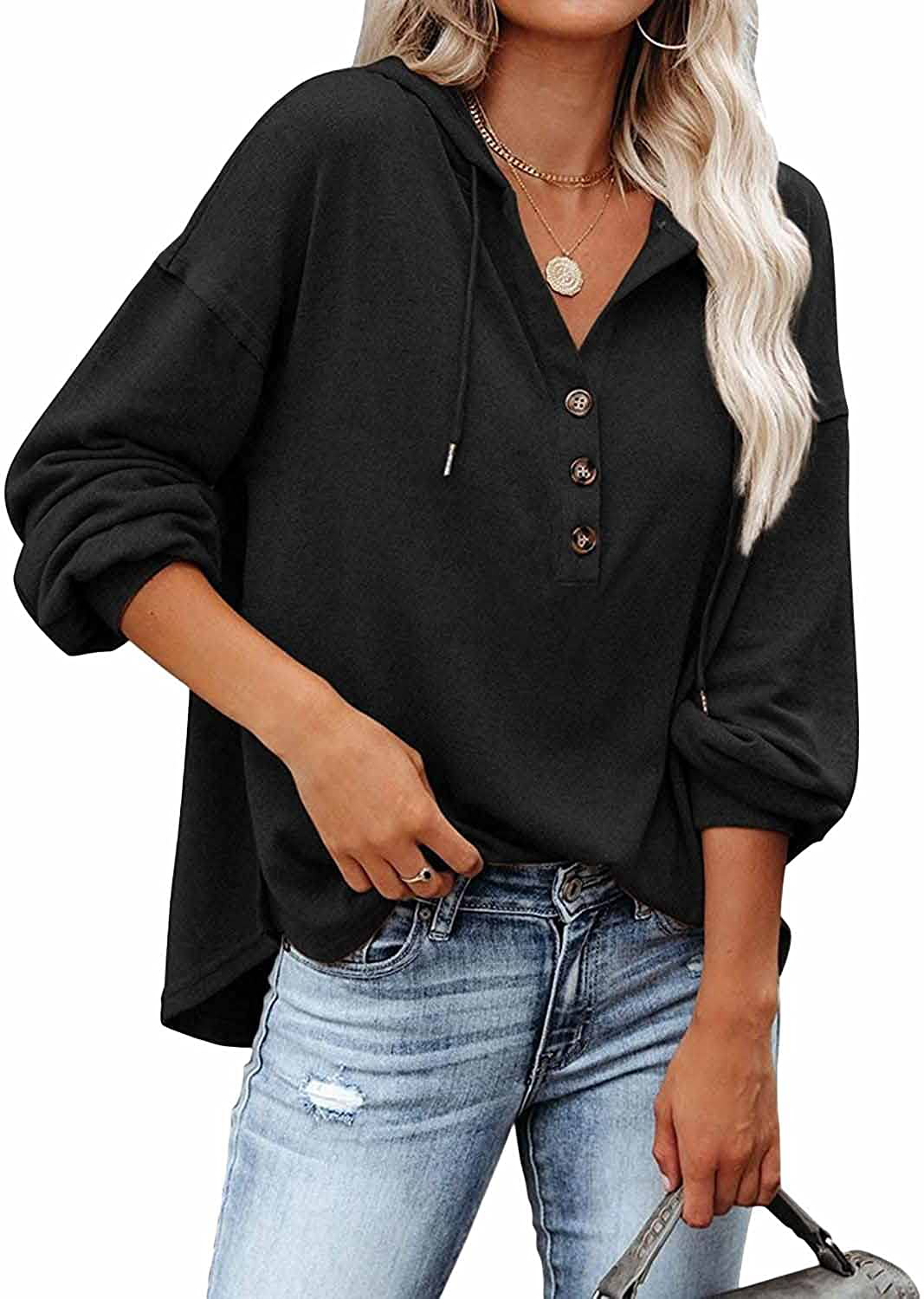 REVETRO Womens V Neck Long Sleeve Henley Shirts Button down Sweatshirts Hoodies Tunic Tops with Drawstring Apparel & Accessories > Clothing > Activewear Kylie Max   