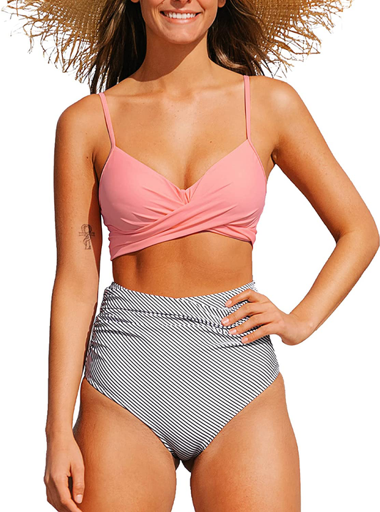 CUPSHE Women's High Waist Bikini Swimsuit Floral Print Tie Two Piece Bathing Suit Apparel & Accessories > Clothing > Swimwear KYLIE MAX Carnation Pink Medium 