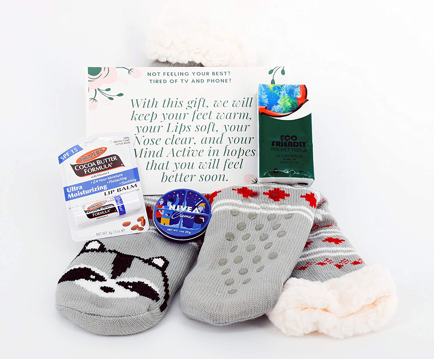 Get Well Gifts for Women Beat the Boredom Box Non Food Gift Basket Get Well Message Plush Non-Slip Socks Lip Balm Travel Tissue Cream Crossword Book Word Search Book Adult Coloring Books Cards Markers Arts & Entertainment > Party & Celebration > Gift Giving Beat the Boredom Box   