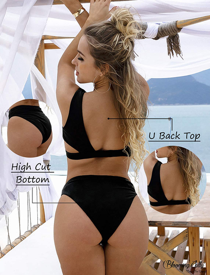 Blooming Jelly Women's High Waisted Swimsuit Crop Top Cut Out Two Piece Cheeky High Rise Bathing Suit Bikini Apparel & Accessories > Clothing > Swimwear Blooming Jelly   