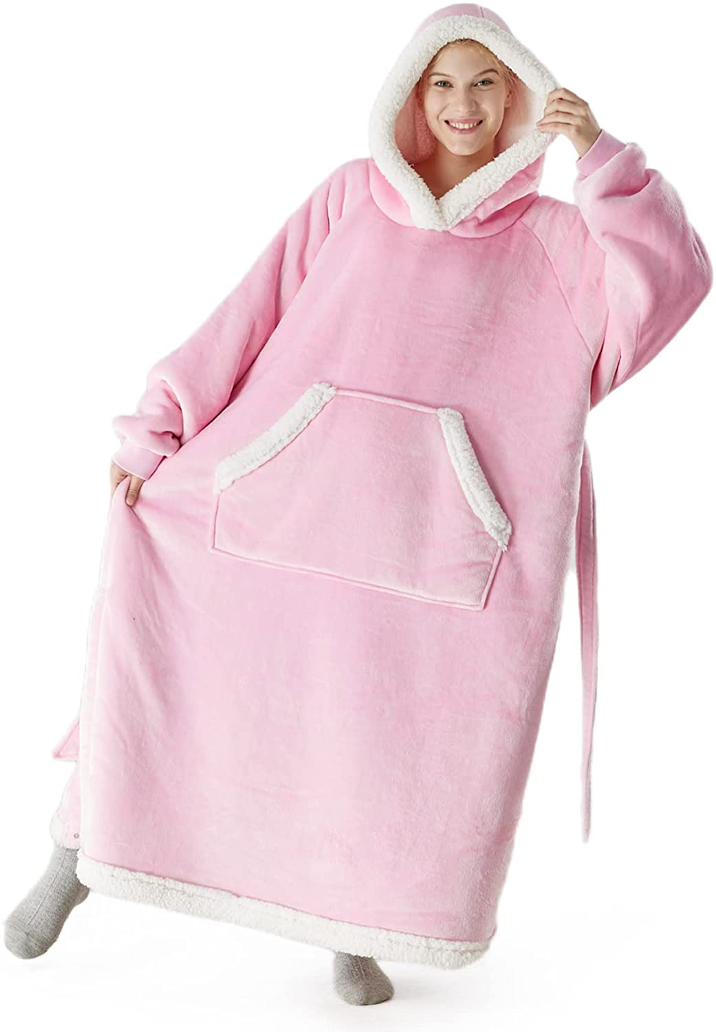 Bedsure Pink Wearable Blanket Hoodie Gift for Women- Long-Length Hooded Blanket Sweatshirt Adult with Side Split and Belt, Warm Sherpa Sweater Blanket Jacket Arts & Entertainment > Party & Celebration > Gift Giving Bedsure Pink Adult 