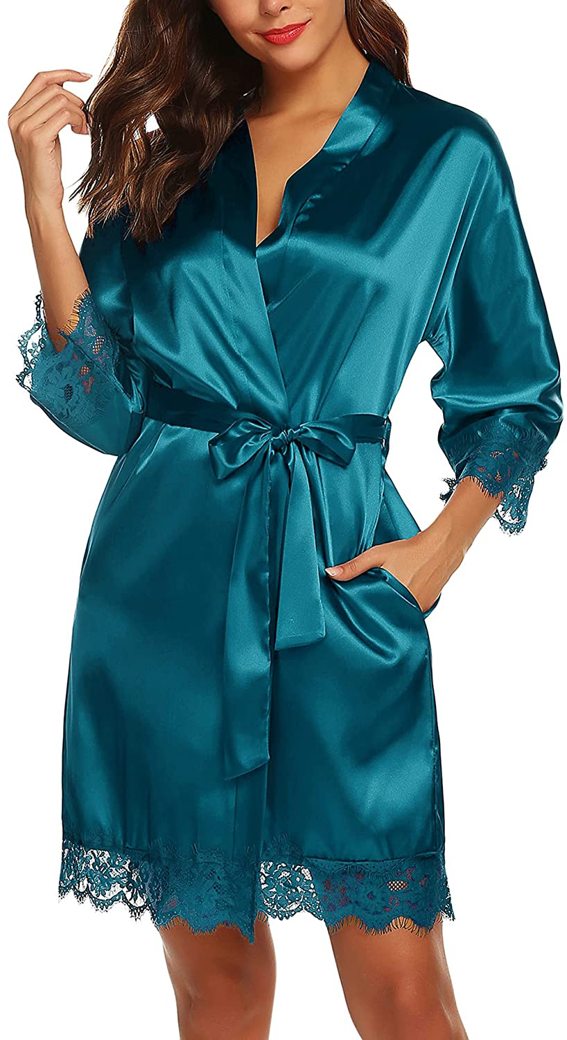 URRU Women'S Satin Silk Bathrobe Oblique V-Neck Short Kimono Robe Bridesmaids Robe S-XXXL Apparel & Accessories > Clothing > Sleepwear & Loungewear > Robes KYLIE MAX Peacock Blue 3X-Large 