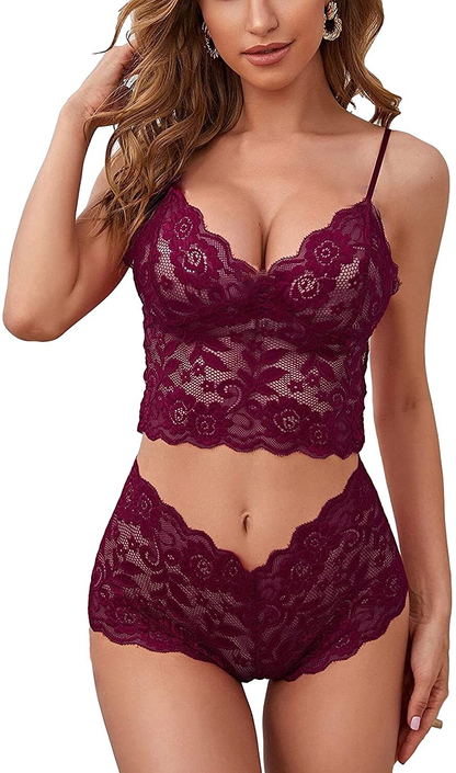 Lilosy Sexy Sheer Floral Lace Pajamas Lingerie Set High Waist Sleepwear Bra and Panty 2 Piece Nightwear Apparel & Accessories > Clothing > Underwear & Socks > Lingerie Lilosy Wine red Small 