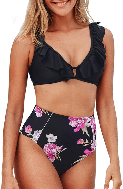 CUPSHE Women's High Waist Bikini Swimsuit Ruffle Floral Print Two Piece Bathing Suit Apparel & Accessories > Clothing > Swimwear CUPSHE Black X-Small 