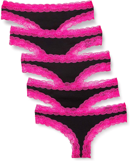 Iris & Lilly Women'S Cotton and Lace Thong Underwear, Pack of 5 Apparel & Accessories > Clothing > Underwear & Socks > Underwear Iris & Lilly Black/Hot Pink XX-Small 