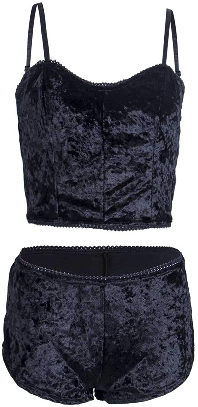 Springcmy Women'S Velvet 2PCS Outfits Spaghetti Strap Crop Top and Shorts Pajama Sets Pjs Lounge Wear Apparel & Accessories > Clothing > Sleepwear & Loungewear Kylie Max   