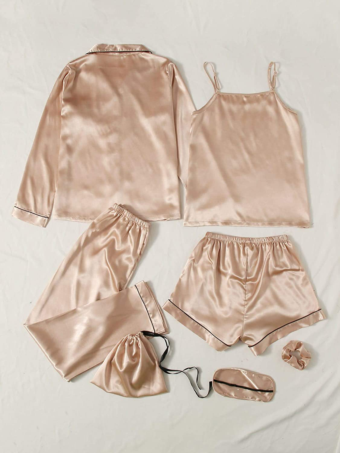 DIDK Women'S Satin 7Pcs Pajama Set Cami Pjs with Shirt and Eye Mask Sleepwear Apparel & Accessories > Clothing > Sleepwear & Loungewear Kylie Max   