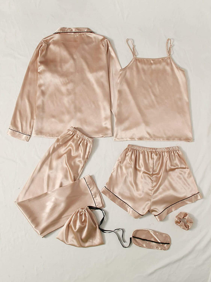 DIDK Women'S Satin 7Pcs Pajama Set Cami Pjs with Shirt and Eye Mask Sleepwear Apparel & Accessories > Clothing > Sleepwear & Loungewear Kylie Max   