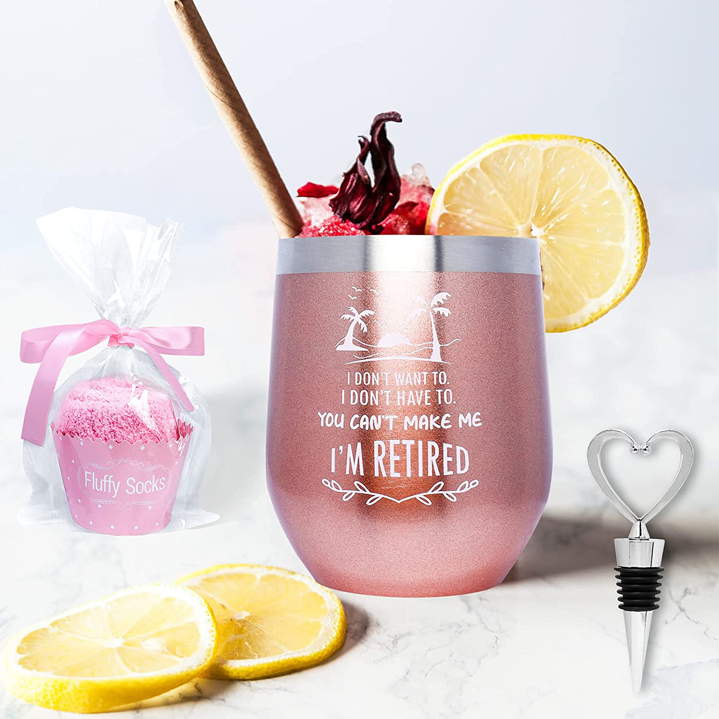 Valporia Retirement Gifts for Women 2021 Insulated Wine Tumbler with Sayings + If You Can Read This Socks + Wine Stopper for Women Birthday Gifts for Women Rose Gold Stainless Steel Xmas Gifts Arts & Entertainment > Party & Celebration > Gift Giving Valporia   