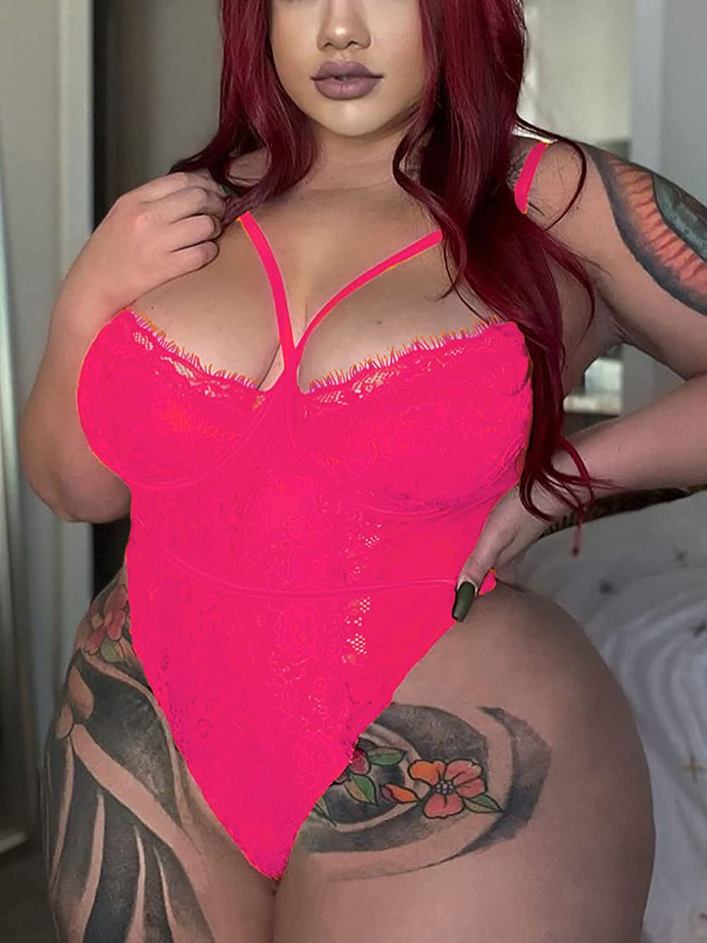Kaei&Shi Plus Size Lingerie for Women,Sheer Lace Sexy V Neck Bodysuit,Eyelash One Piece Floral Teddy Valentine Apparel & Accessories > Clothing > Underwear & Socks > Lingerie Kaei&Shi   