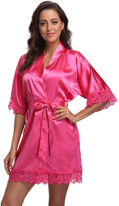 Original Kimono Women'S Lace-Trimmed Satin Short Kimono Robe Bathrobe Loungewear Apparel & Accessories > Clothing > Sleepwear & Loungewear > Robes Original Kimono   