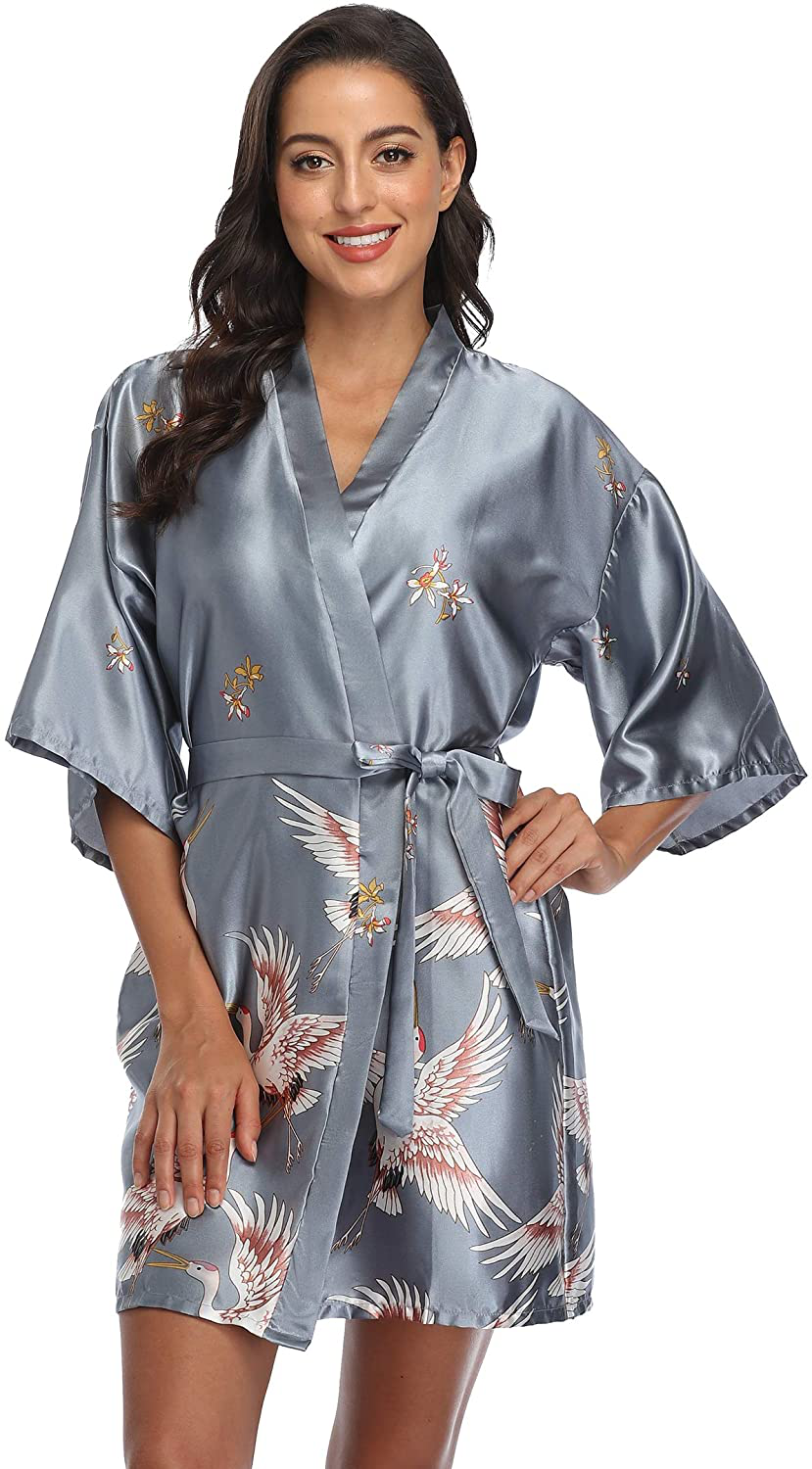 Original Kimono Women'S Floral Crane Kimono Robe Short Silky Sleepwear plus Size Satin Spa Party Dressing Gown Apparel & Accessories > Clothing > Sleepwear & Loungewear > Robes Original Kimono Grey X-Large 