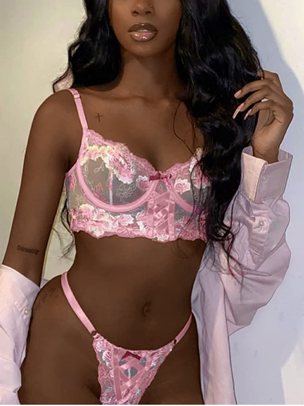 Kaei&Shi Cute Floral Embroidered, Lace up Strap, 3 Piece High Waisted Garter Lingerie Apparel & Accessories > Clothing > Underwear & Socks > Lingerie Kaei&Shi   