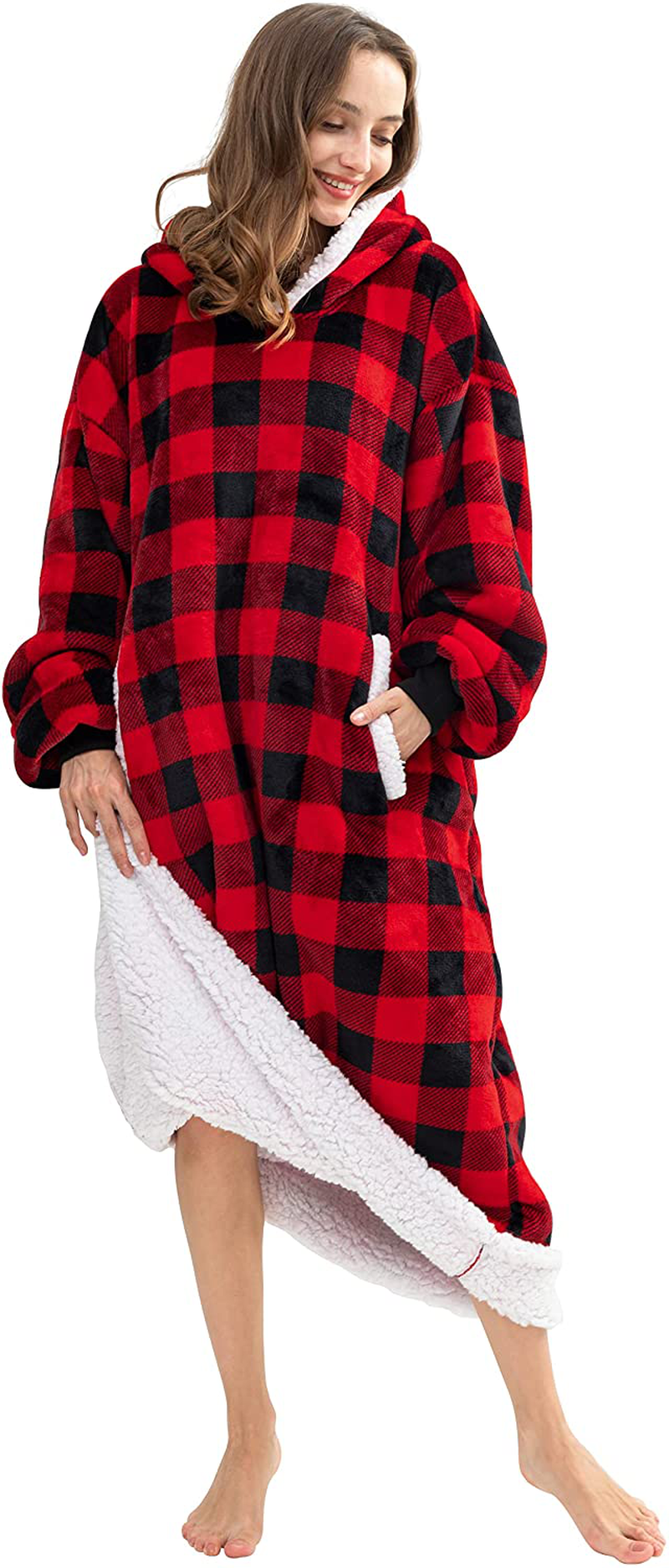 HBlife Oversized Long Wearable Blanket Hoodie for Adult, Thick Sherpa Sweatshirt with Elastic Sleeves and Giant Pockets Super Warm and Cozy Fuzzy Plush Fleece Blanket Jacket, Blue Arts & Entertainment > Party & Celebration > Gift Giving HBlife Plaid Red Adult-Long 