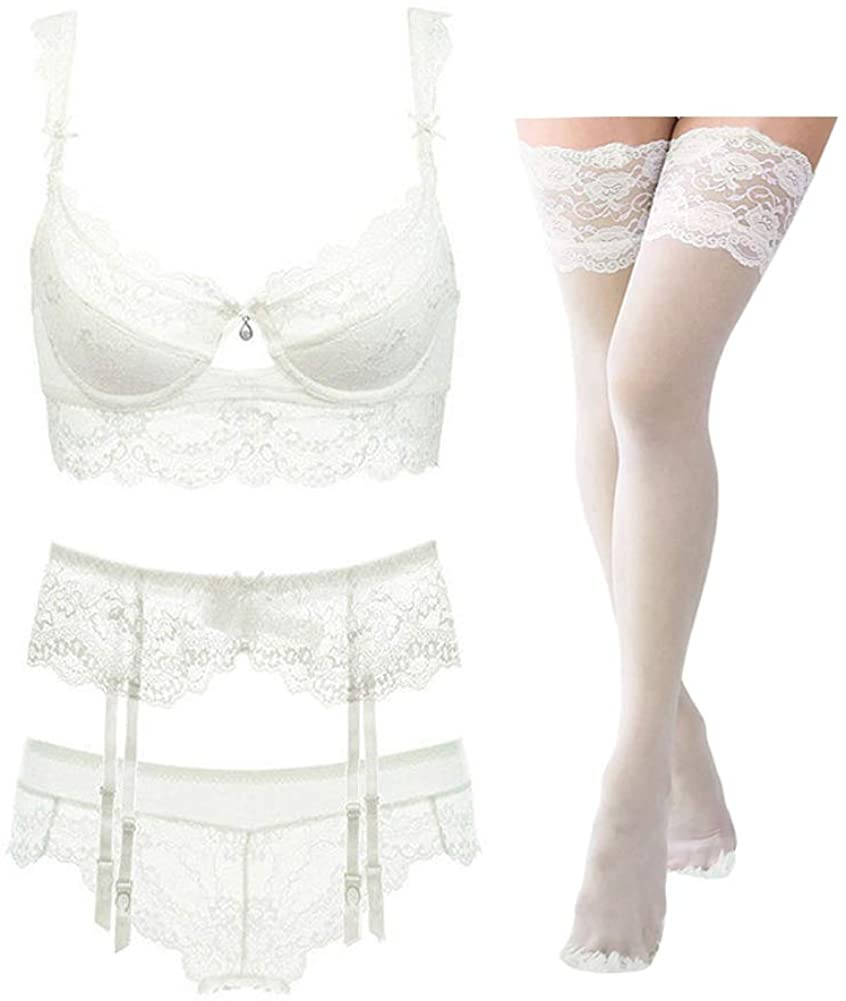 Women Push up Embroidery Bras Set Lace Lingerie Bra and Panties and Socks 4 Piece Apparel & Accessories > Clothing > Underwear & Socks > Lingerie Ningsige White 32A 