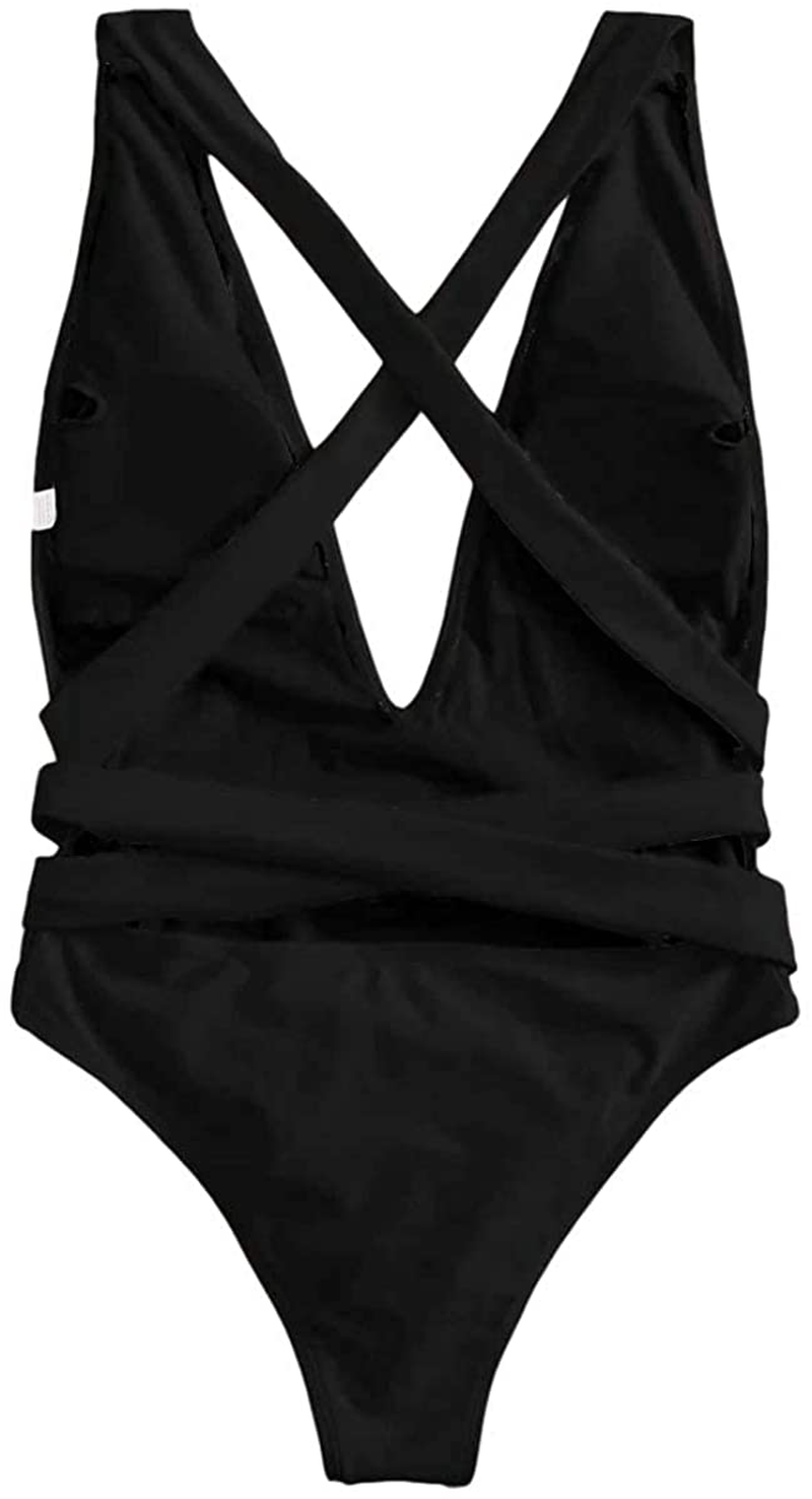 Lilosy Sexy Self Tie Criss Cross Plunge Backless High Cut Thong One Piece Swimsuit for Women Padded Bathing Suit Bikini Apparel & Accessories > Clothing > Swimwear Kylie Max   