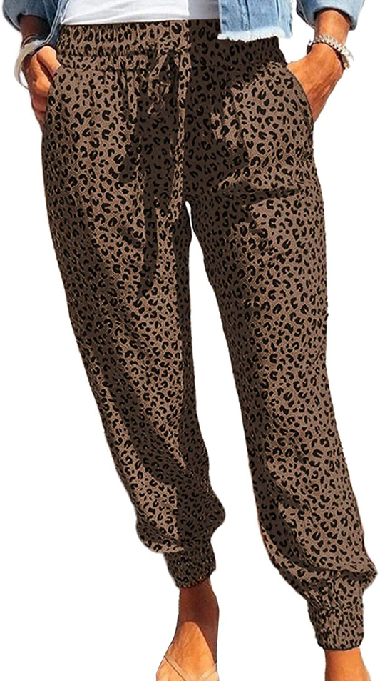 ROSKIKI Womens Leopard Drawstring Elastic Waist Sports Lounge Pants with Pockets Apparel & Accessories > Clothing > Activewear Kylie Max   