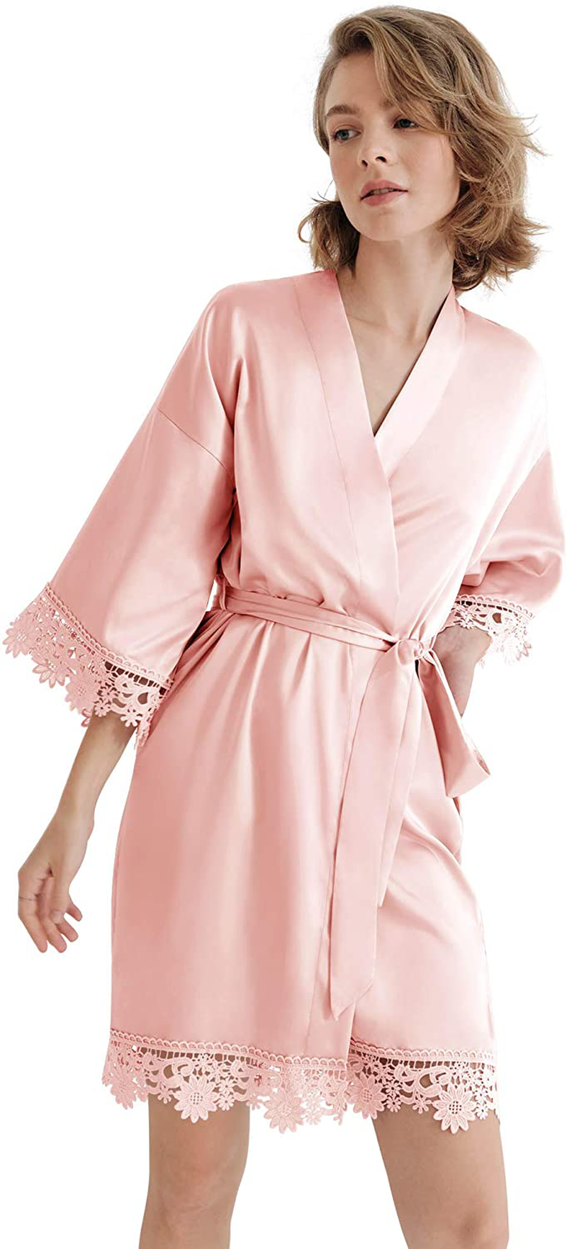 SIORO Women'S Satin Robe Lace Silk Kimono Robes Short for Bridesmaid Wedding Party Nightgown, Small~X-Large Apparel & Accessories > Clothing > Sleepwear & Loungewear > Robes KYLIE MAX Shell Pink Medium 