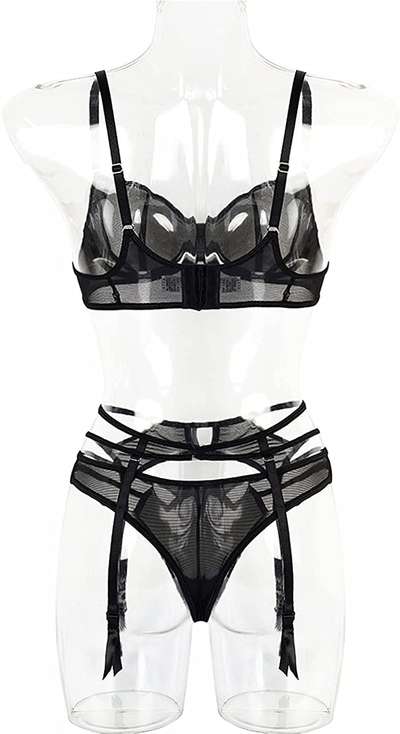 Kaei&Shi Sheer Mesh,Underwire,Cutout Thong,Garter Bet,3 Piece Lingerie Set Apparel & Accessories > Clothing > Underwear & Socks > Lingerie Kaei&Shi   