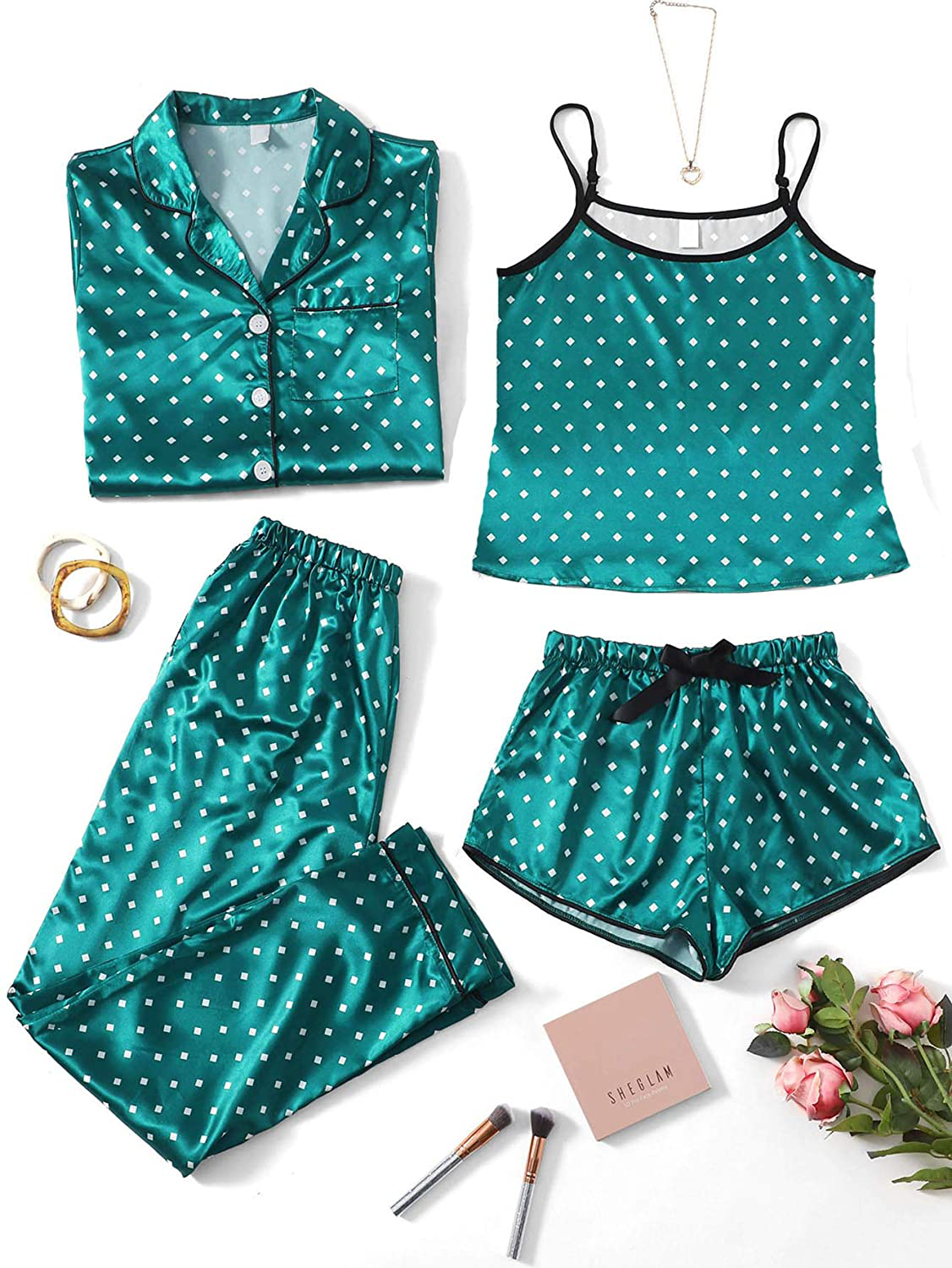 WDIRARA Women'S Silk Satin Pajama Set 4 Pieces Sleepwear Loungewear Pj Sets Apparel & Accessories > Clothing > Sleepwear & Loungewear Kylie Max   