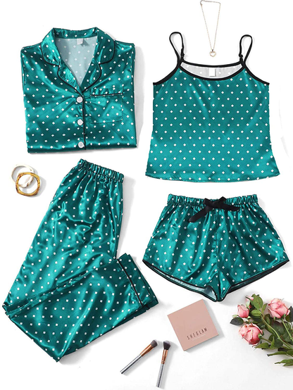 WDIRARA Women'S Silk Satin Pajama Set 4 Pieces Sleepwear Loungewear Pj Sets Apparel & Accessories > Clothing > Sleepwear & Loungewear Kylie Max   