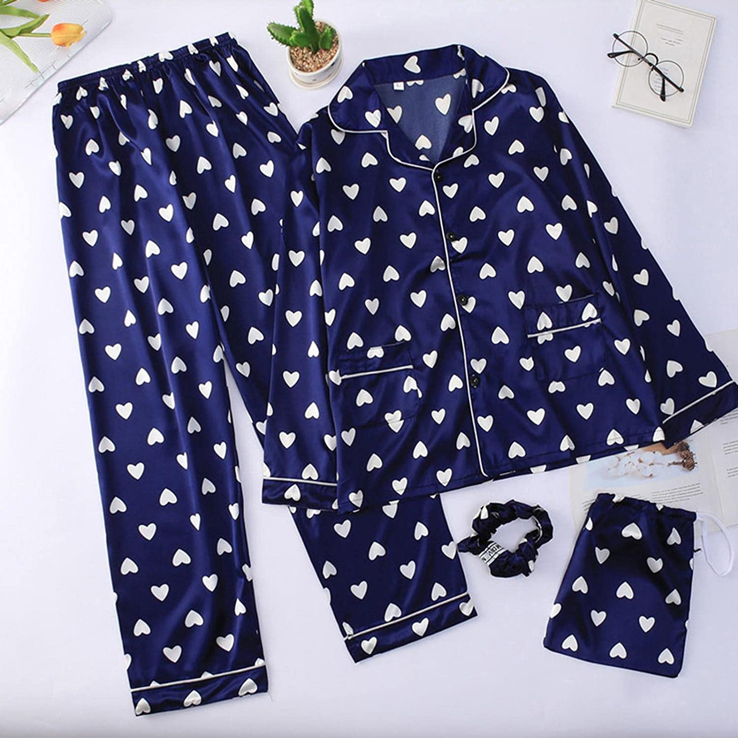 Women'S 7 Piece Print Pajama Set Satin Pajamas Set Sleepwear Sexy Cami Pjs with Button down Long Sleeve Shirt and Eye Mask Apparel & Accessories > Clothing > Sleepwear & Loungewear Kylie Max   