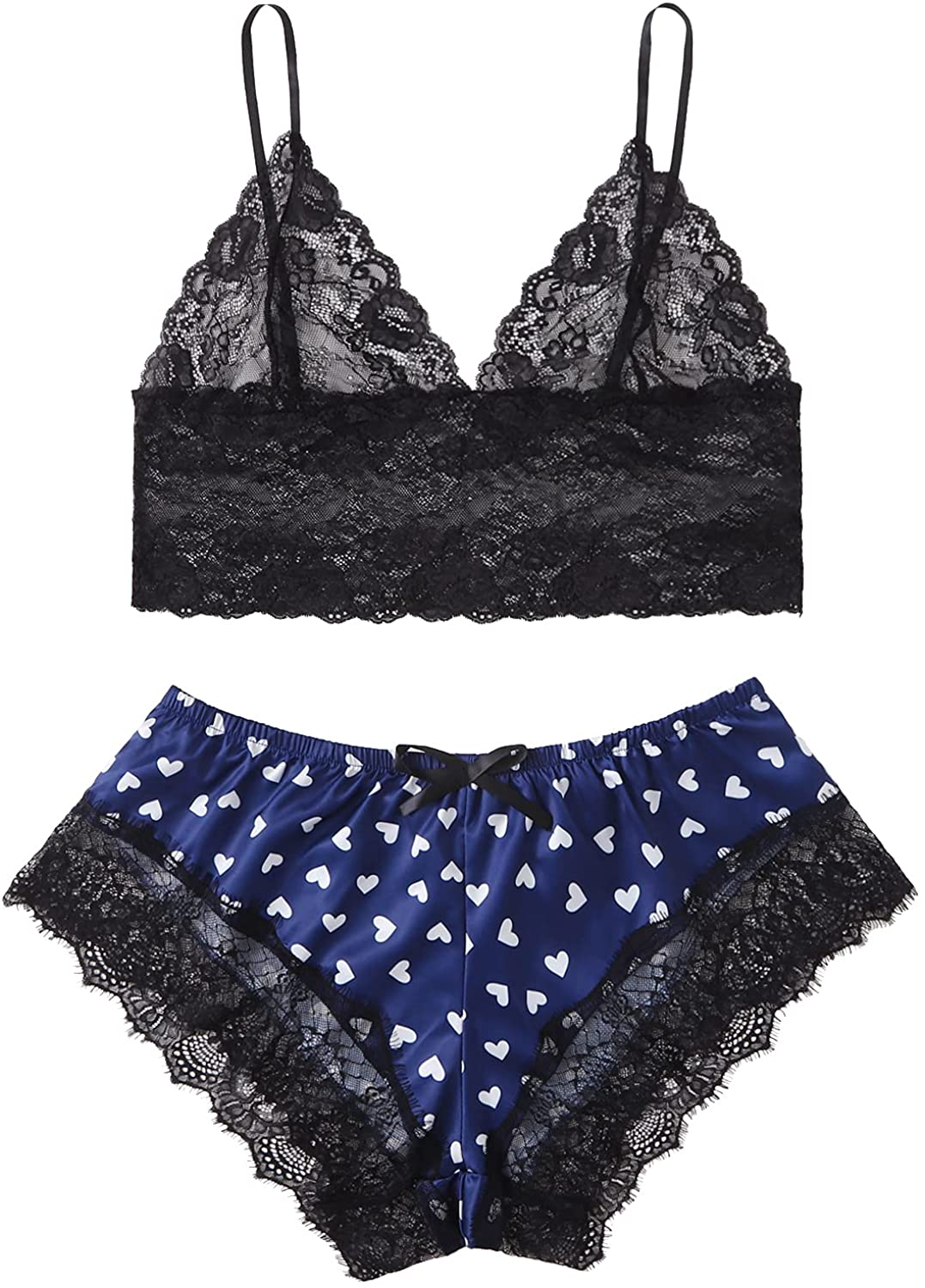 SOLY HUX Women'S plus Size Spaghetti Strap Lace Trim Bralette and Shorts Sleepwear Pajama Lingerie Set Apparel & Accessories > Clothing > Underwear & Socks > Lingerie KYLIE MAX Royal Blue Heart XX-Large Plus 