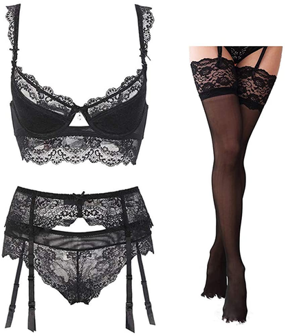 Women Push up Embroidery Bras Set Lace Lingerie Bra and Panties and Socks 4 Piece Apparel & Accessories > Clothing > Underwear & Socks > Lingerie Ningsige   