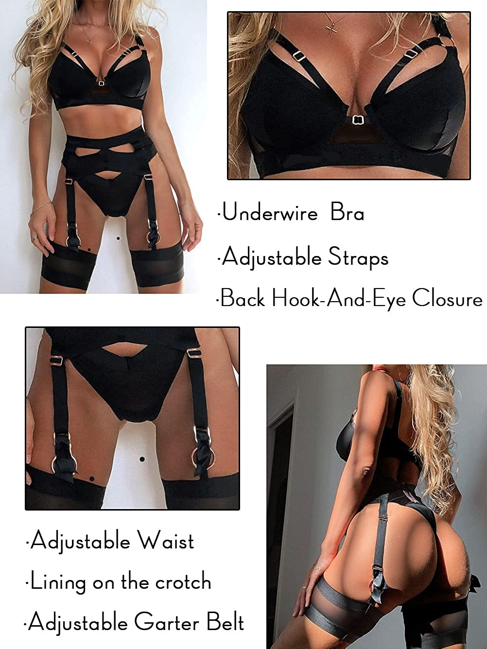 Garter Lingerie for Women,Sexy Lace Lingerie,Sheer Matching 4 Piece Lingerie Set Apparel & Accessories > Clothing > Underwear & Socks > Lingerie Kaei&Shi   