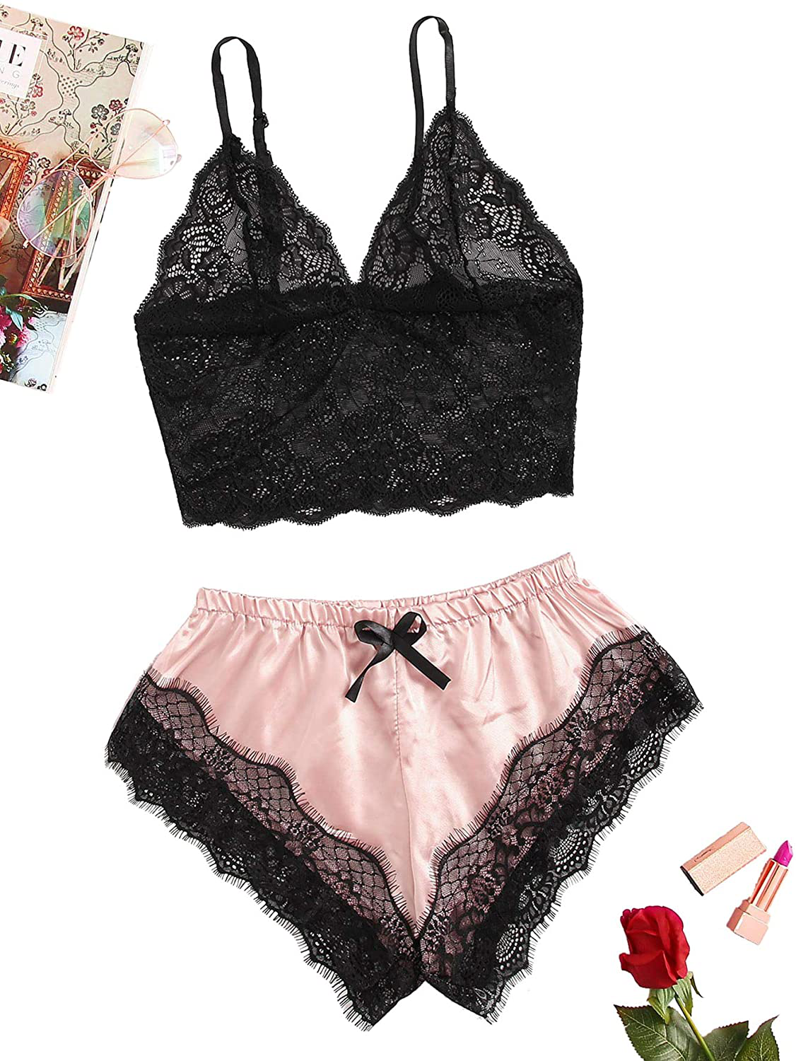 Sweatyrocks Women'S Lace Cami Top with Shorts with Panties 2 Piece Set Sexy Lingerie Pajama Set Apparel & Accessories > Clothing > Sleepwear & Loungewear Kylie Max   