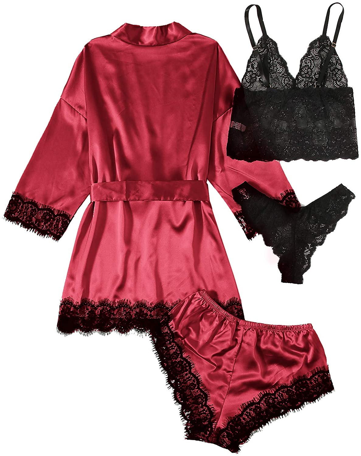 WDIRARA Women'S 4 Pieces Satin Floral Lace Cami Top Lingerie Pajama Set with Robe Apparel & Accessories > Clothing > Underwear & Socks > Lingerie WDIRARA   