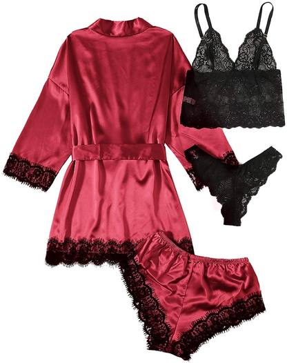 WDIRARA Women'S 4 Pieces Satin Floral Lace Cami Top Lingerie Pajama Set with Robe Apparel & Accessories > Clothing > Underwear & Socks > Lingerie WDIRARA   