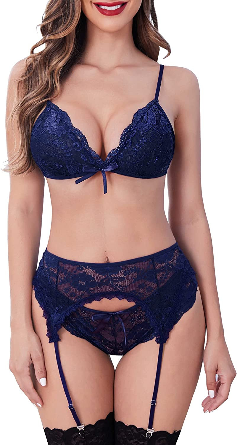 Avidlove Women Lace Lingerie Set with Garter Belts Strap Babydoll Bralette Bra and Panty Set Apparel & Accessories > Clothing > Underwear & Socks > Lingerie Avidlove Navy Blue Large 