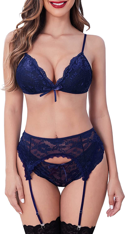 Avidlove Women Lace Lingerie Set with Garter Belts Strap Babydoll Bralette Bra and Panty Set Apparel & Accessories > Clothing > Underwear & Socks > Lingerie Avidlove Navy Blue Large 