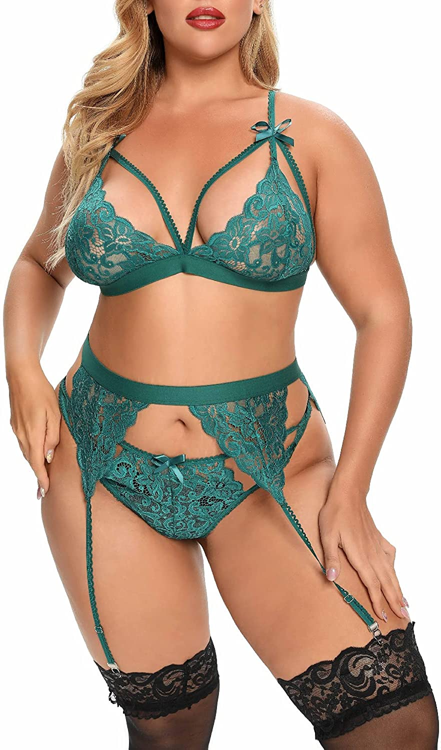 Women plus Size Lingerie Set with Garter Belt 3 Piece Sexy Strap Bra and Panty Lace Bodysuit Apparel & Accessories > Clothing > Underwear & Socks > Lingerie KYLIE MAX Green 3X-Large 