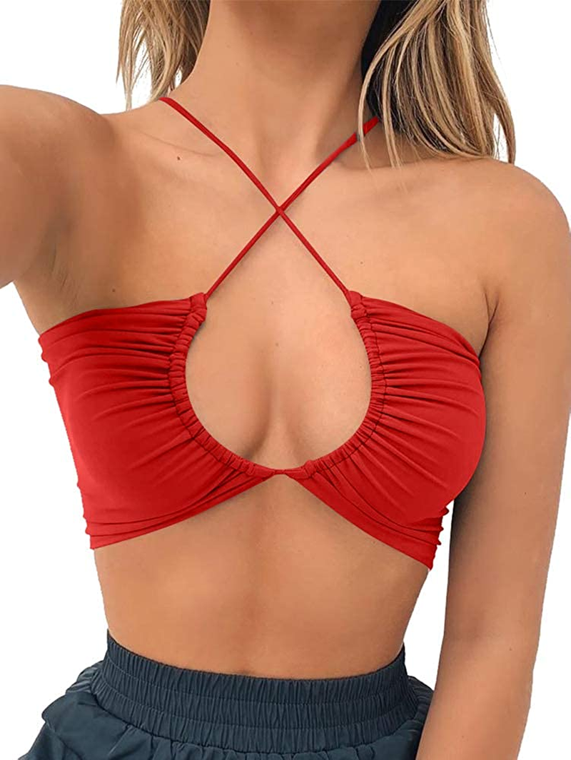 TOB Women'S Sexy Criss Cross Lace up Sling Basic Bow Tie Crop Top Apparel & Accessories > Clothing > Underwear & Socks > Lingerie TOB   