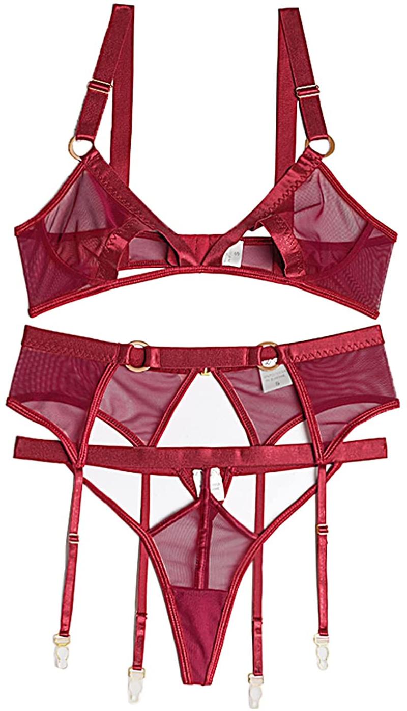 Kaei&Shi Mesh Sheer,Peekaboo Bralette,Cutout Thong,Garter Belt,3 Piece Lingerie Apparel & Accessories > Clothing > Underwear & Socks > Lingerie Kaei&Shi Burgundy 4-6 