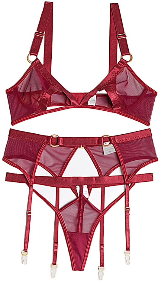 Kaei&Shi Mesh Sheer,Peekaboo Bralette,Cutout Thong,Garter Belt,3 Piece Lingerie Apparel & Accessories > Clothing > Underwear & Socks > Lingerie Kaei&Shi Burgundy 4-6 