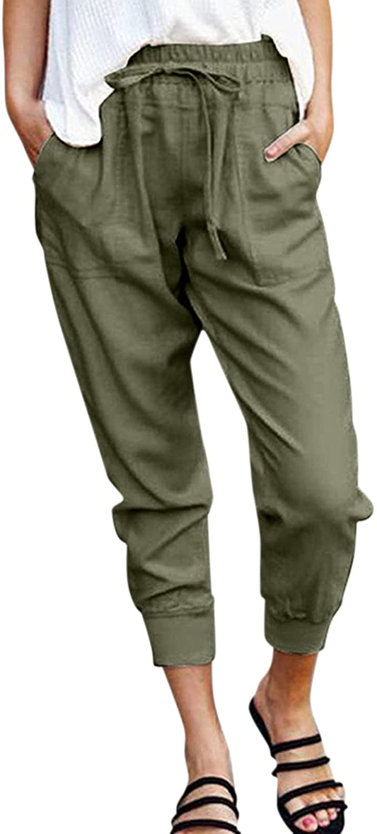 Burband Womens Cotton Elastic Waist Tactical Joggers Pants Cargo Sweatpants with Pockets Hiking Linen Yoga Lounge Trousers Apparel & Accessories > Clothing > Underwear & Socks > Shapewear Burband   